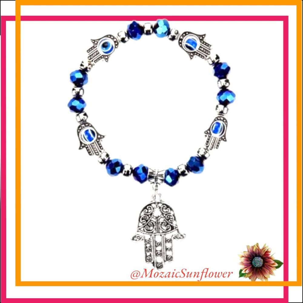 Aurora Blue Crystals Evil Eye and Stainless Hamsa Charm Bracelet
